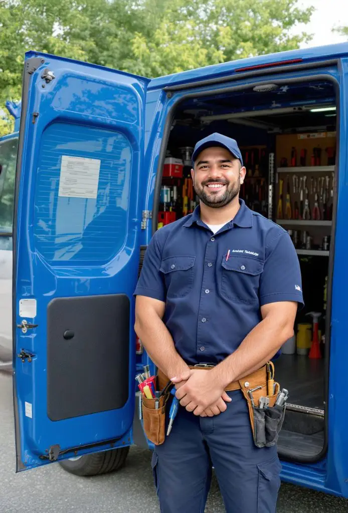 service technician standing beside his work van