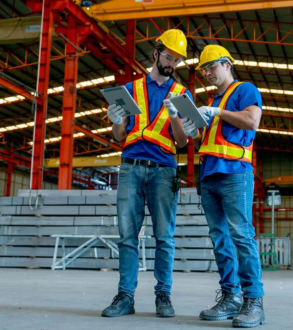 two workers reviewing information on tablets