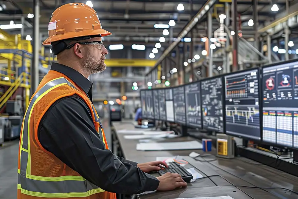 worker checking monitors of manufacturing plant