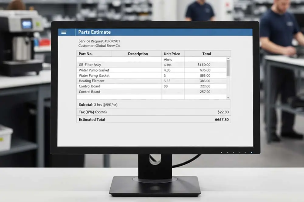 computer monitor showing a parts estimate | field service quoting software