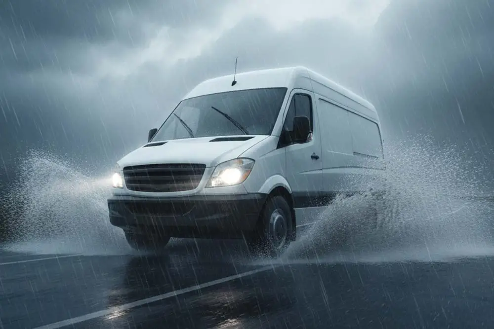 service van on a water soaked road