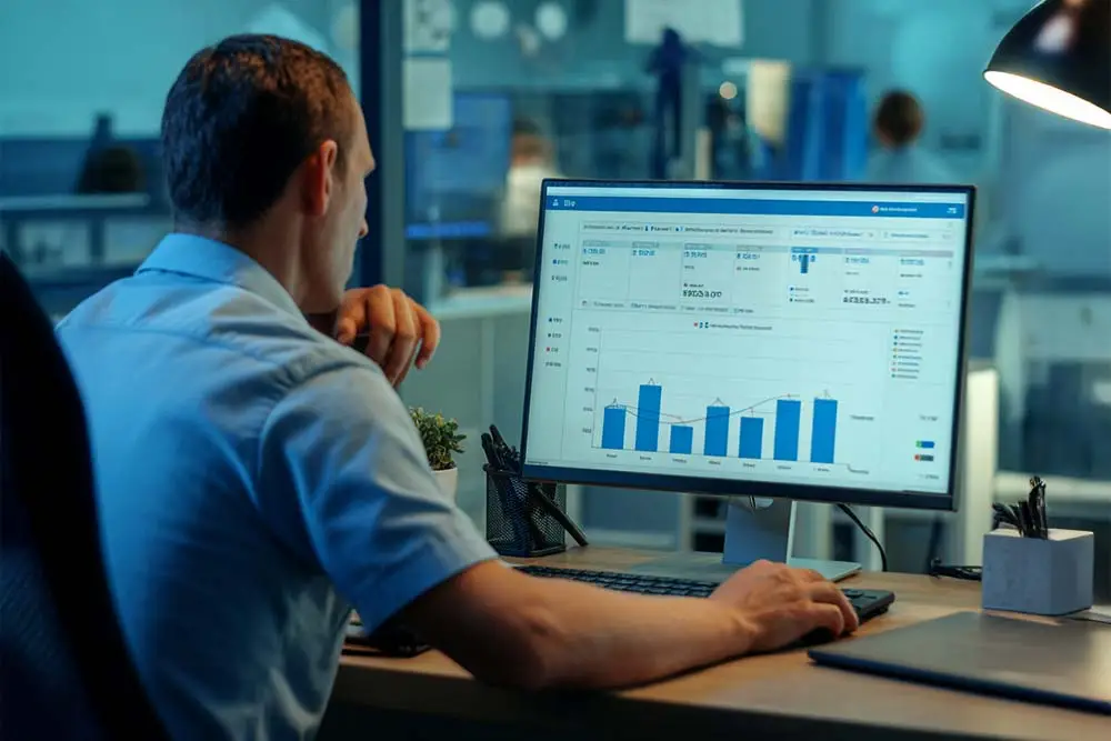 manager checking sales numbers on computer | purchasing and inventory software