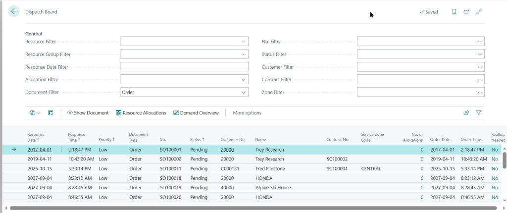 business central service management dispatch board
