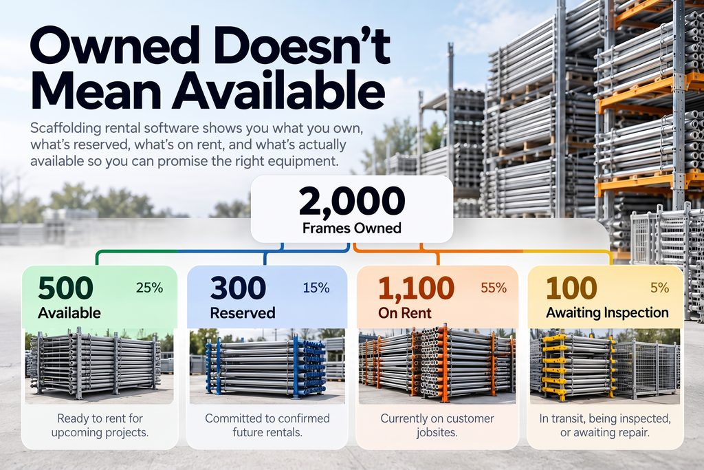 Scaffolding rental inventory example showing 2,000 frames divided between available, reserved, on rent, and awaiting inspection.